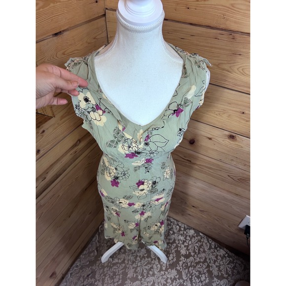 Charlotte Russe Vintage Floral Ruffle Midi Dress Sage Green Purple Rayon Large - Picture 7 of 9